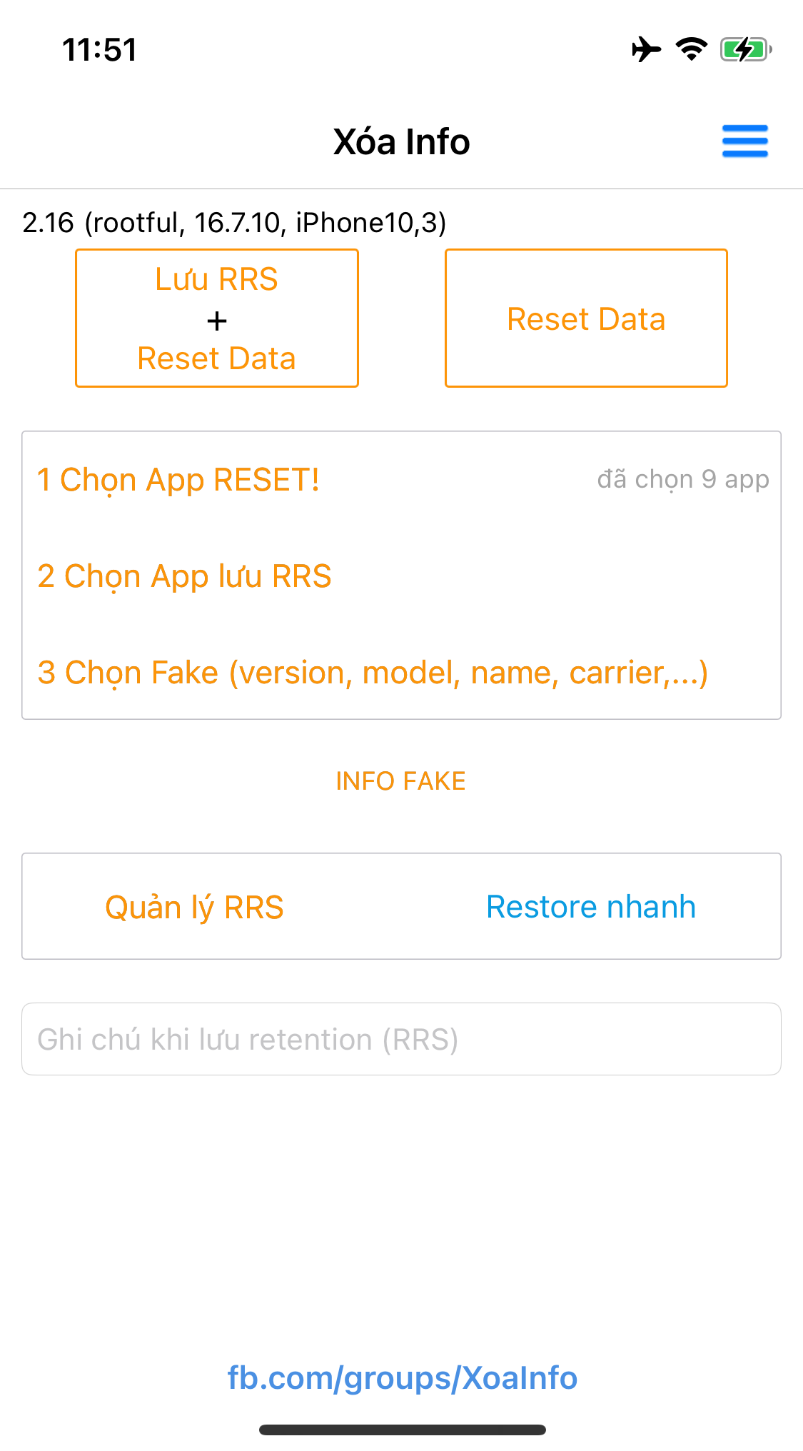 Giao diện ứng dụng Xóa Info - Reset Fingerprint iOS